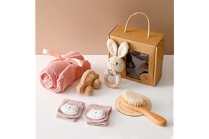 OESSUF New Born Baby Gift Basket, Baby Boys Girls Shower Gifts with Wooden Rabbit Rattles, 6PCs New Born Essentials Bath Set with Baby Brush,Blanket,Milestones Cards