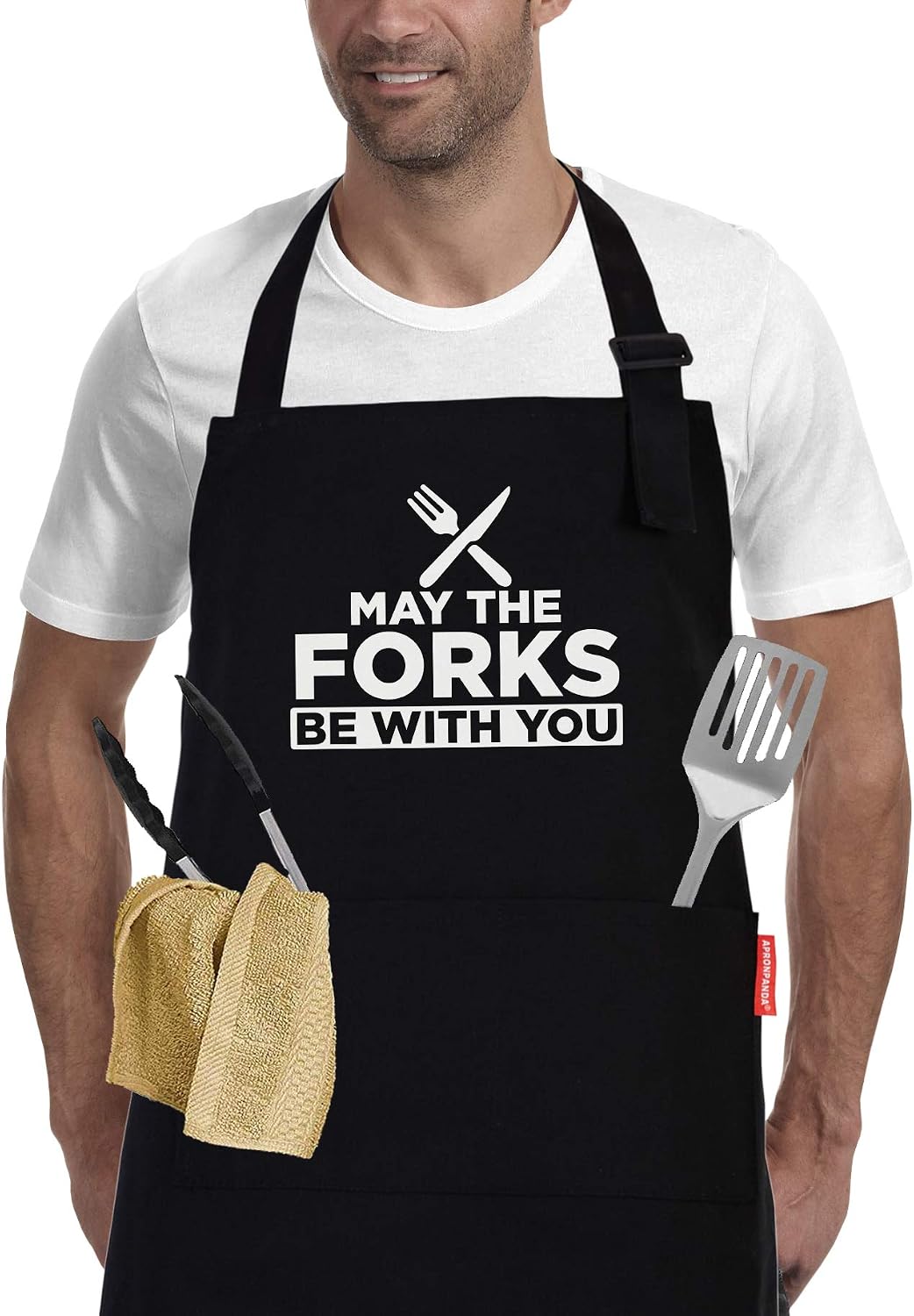 Mens BBQ Grilling Kitchen Aprons-May The Forks Be with You, Novelty Funny Cooking Apron for Movie Fans Black Chef Apron
