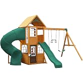 KidKraft Serpentine Falls Wooden Outdoor Swing Set with Mailbox | Play Kitchen, Weather-Resistant Wood, 2 Swings, 2 Slides, Play Phone, Rock Wall