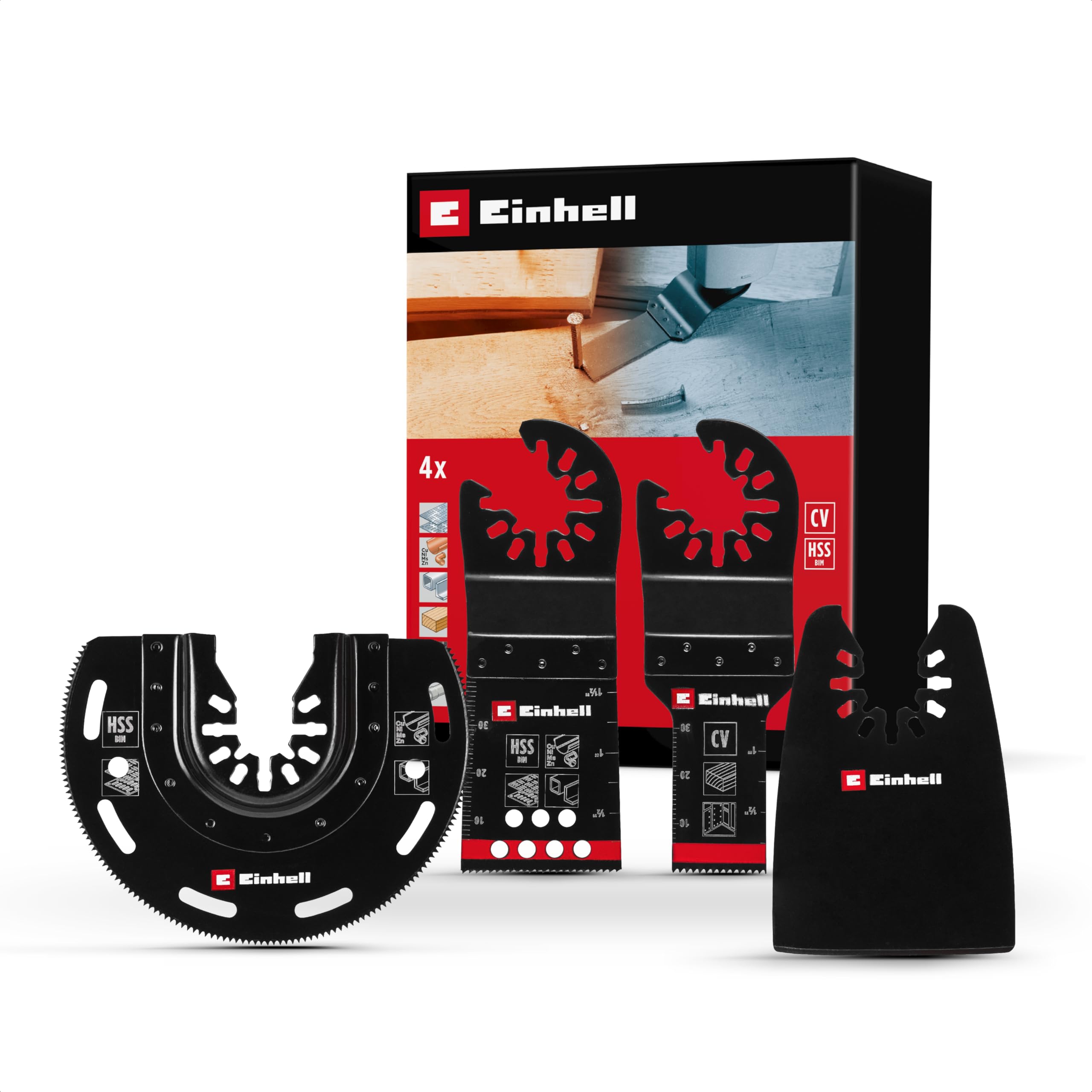 Original Einhell 4-Piece Multitool Set (BIM Plunge Saw Blade, BIM Half-Round Saw Blade, CRV Plunge Saw Blade and Flexible Scraper with Open Back Quick Change Receptacle for Common Multitools)