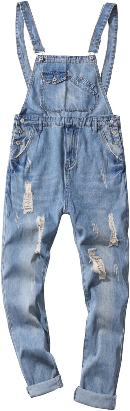 Sokotoo Men's Ankle Length Light Blue Ripped Denim Crop Bib Overalls