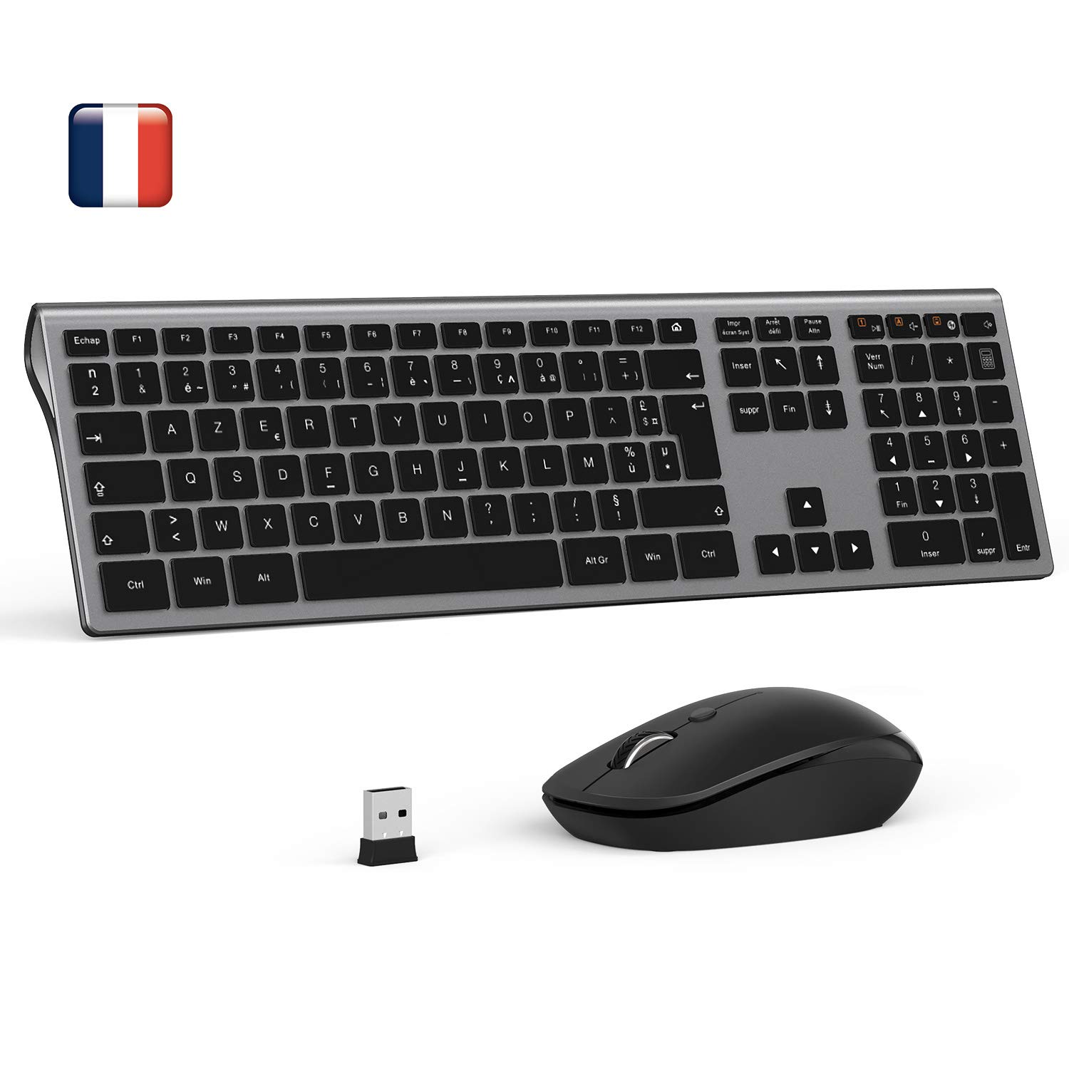 AZERTY Ensemble Clavier et Souris sans Fil pour PCs Ordinateurs Portables et Tablettes Gris