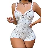 SOLY HUX Women's Floral Print Romper Pajama Frill Trim V Neck Sleeveless Short Jumpsuit
