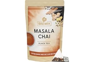BREWIX, Masala Chai Tea Bags (50 Pyramid Tea Bags) Strong, Robust & Spicy - Pure Ingredients | Black Tea, Cinnamon, Ginger, Black Pepper, Cardamom & Cloves, Packed in Resealable Ziplock Pouch | Indian Tea | Hot Tea | Chai Latte