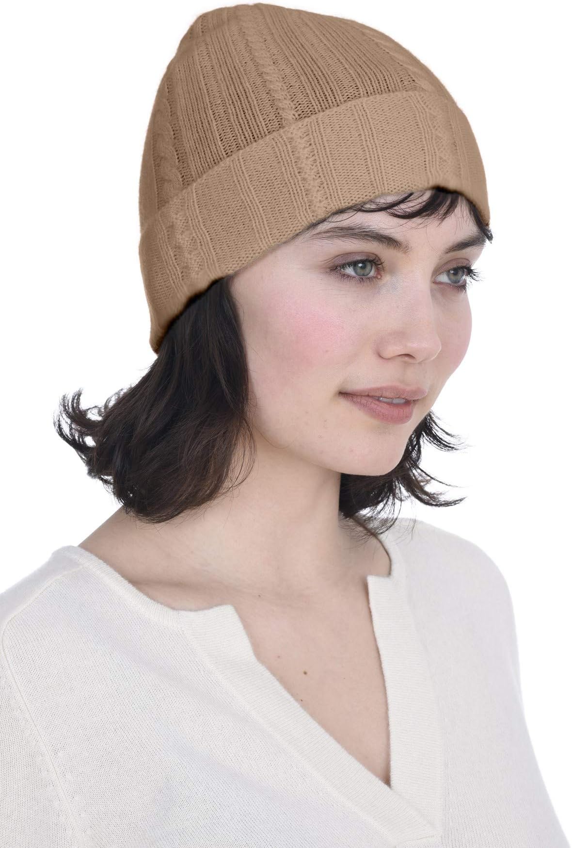 Fold-Over Cable Knit Beanie 100% Pure Cashmere Cuffed Brim Hat for Women