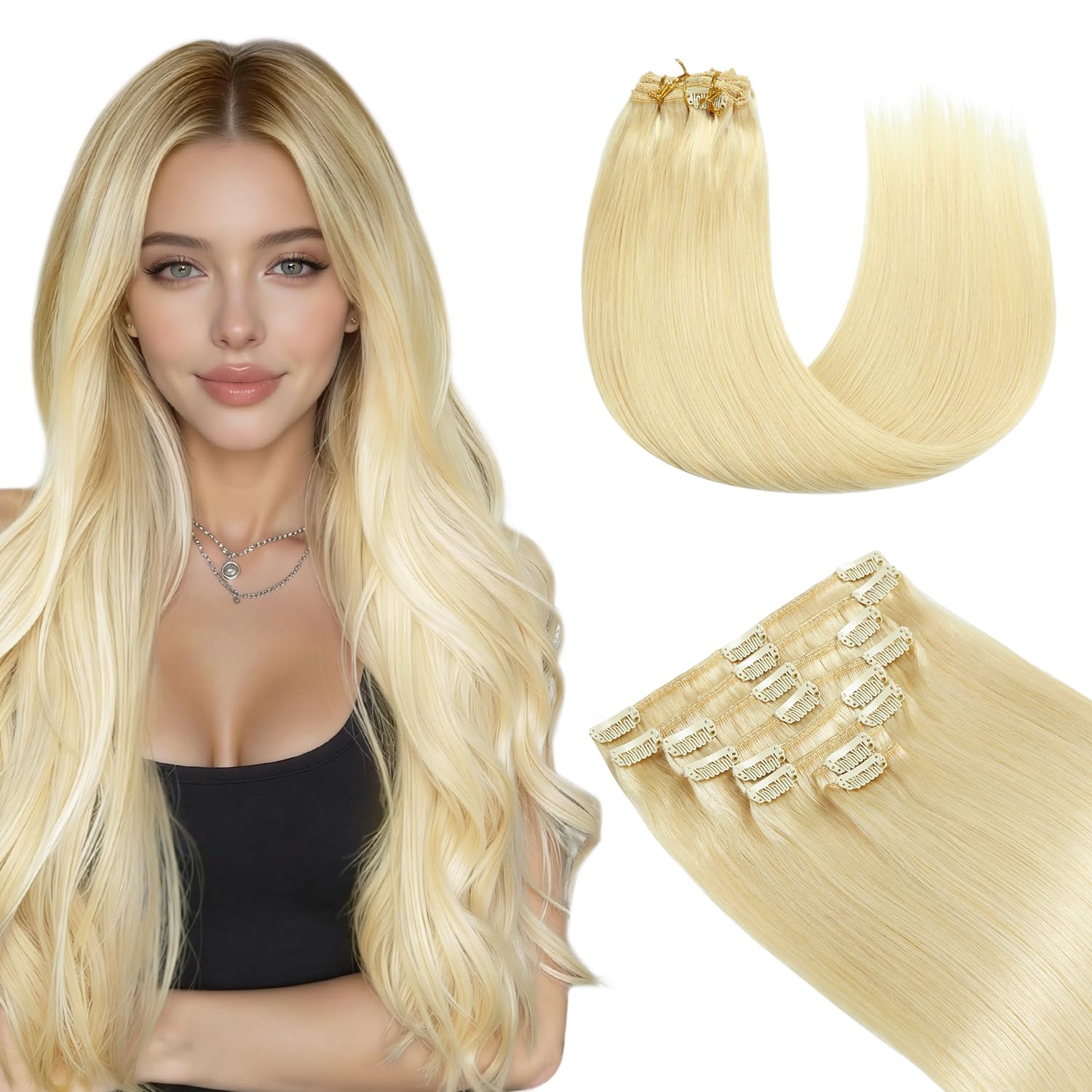 Yilite Blonde Clip in Hair Extensions Real Hair Extensions Clip in 16 Inch Remy Straight Platinum Blonde Double Weft Full Head #613 120g 8pcs