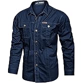 Eisctnd Men's Long Sleeve Work Shirt, Utility Cotton Button Down Cargo Shirts with Pockets for Casual Outdoor Safari