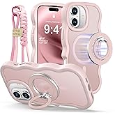 XYZ for iPhone 16 Case, [Compatible with Magsafe],[Magnetic Soft Slicone Ring Holder],Curly Wavy Frame Hard Translucent Matte Back Cover Shockproof Phone Case for iPhone 16 6.1'', Pink