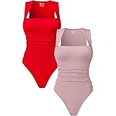OQQ Women’s Square Neck Sleeveless Bodysuit Shapewear Tank Top Stretchy Slim Fit Bodycon Top for Going Out 2 Pack