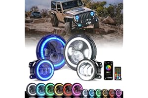 Xprite 7" Inch RGB Halo LED Headlights & 4" Fog Lights Led Combo Headlamp Assembly Dual Controlled RGB Light Kits Compatible with 2007-2018 Jeep Wrangler JK JKU, DOT Approved