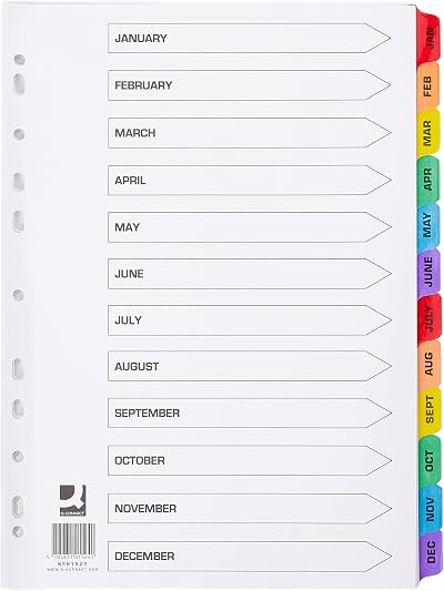 Q-Connect Multi-Punched Reinforced A4 Indexes January-December Colour Tabs