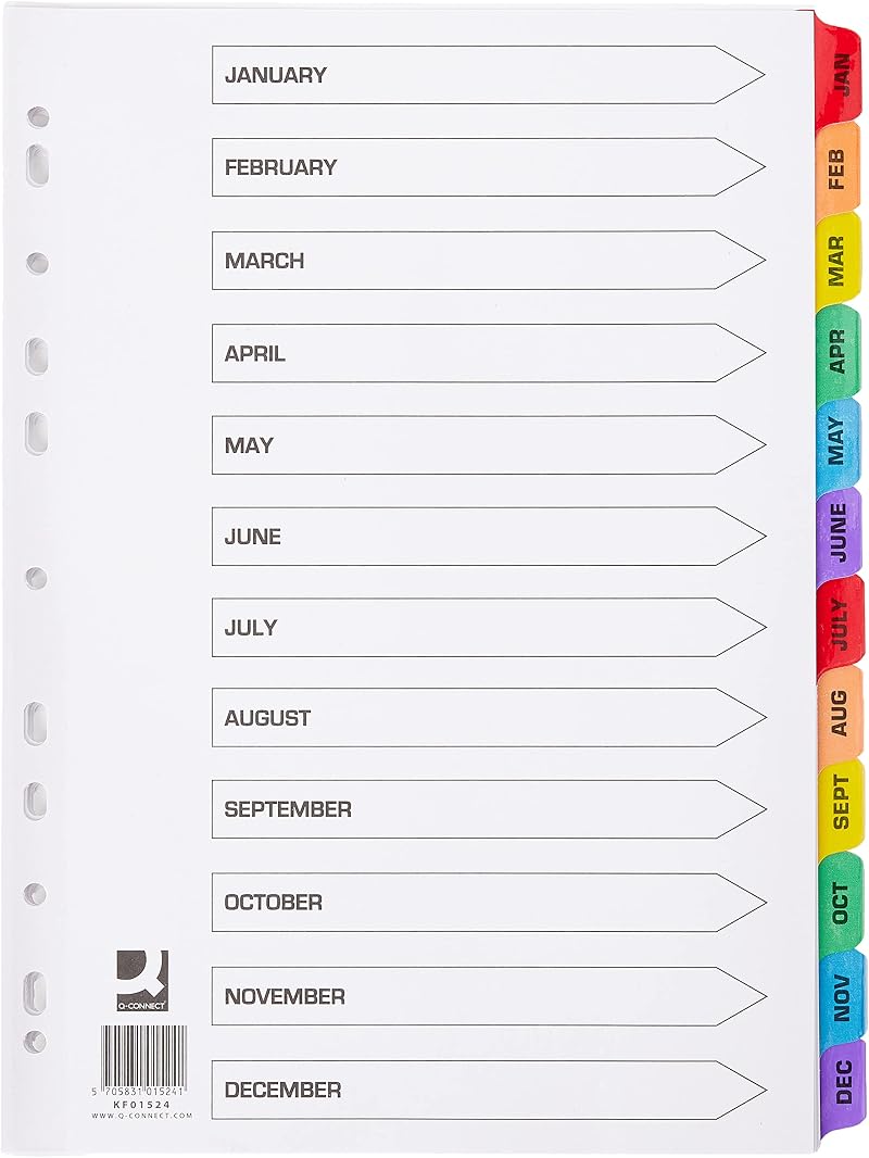 Q-Connect Multi-Punched Reinforced A4 Indexes January-December Colour Tabs