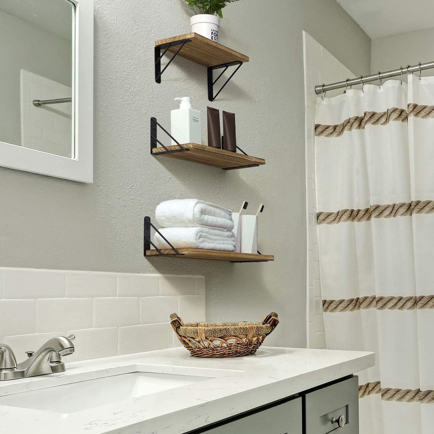 BAYKA Floating Shelves Wall Mounted, Rustic Wood Wall Shelves Decor Set of 3 for Bedroom, Bathroom, Living Room, Kitchen, Office, Laundry Room: Kitchen & Dining