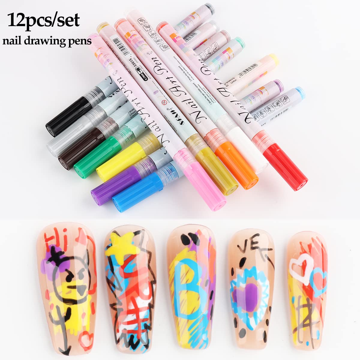 Fcozpjk Nail Art Graffiti Pen Set 12Pcs Waterproof Painting Marker Pen Black White Drawing Gel Liners Quick Dry Dotting Pen Nails Professional Material For Manicure
