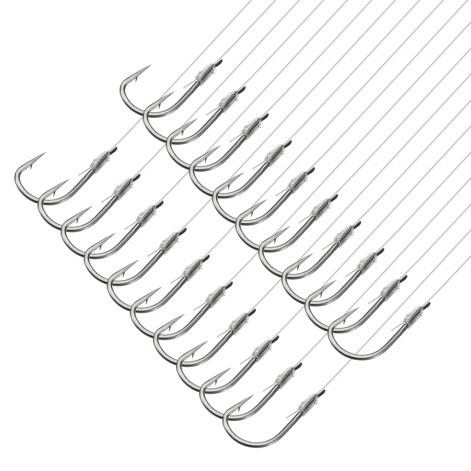 PATIKIL 7# Small Fishing Hooks with 36cm Line, 20Pcs 0.45x0.24 Inch Double Hook Rigs with Barbs Fishing Hook on Nylon Line for Freshwater, Silver Tone