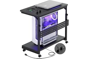 Cyclysio Computer Tower Stand with Charging Station, Adjustable PC Tower Cart with Pegboard, 2-Tier CPU Stand Cart with Mobil