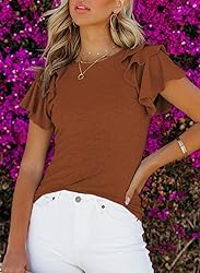 SHEWIN Womens Shirts Summer Ruffle Sleeve Crewneck
