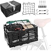 YEEGO DIRECT Bike Basket Rear,Foldable Bike Cargo Basket, Plastic Collapsible Basket for Bicycle, Rear Bike Baskets Storage Bike Milk Crate Rear Rack,Waterproof Cover for Outings,Pets E-Bike