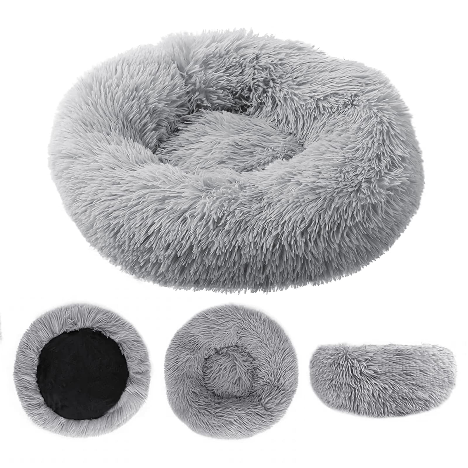 jiuzcare 50cm Calming Pet Bed for Small Dogs & Cats, Ultra-Soft 4cm Long Plush Donut Dog Bed, Washable Anti-Slip Round Puppy Cushion, Light Grey — image 1