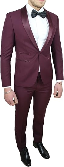 Abito Completo Uomo Sartoriale Bordeaux Raso Vestito Smoking Elegante Cerimonia Amazon