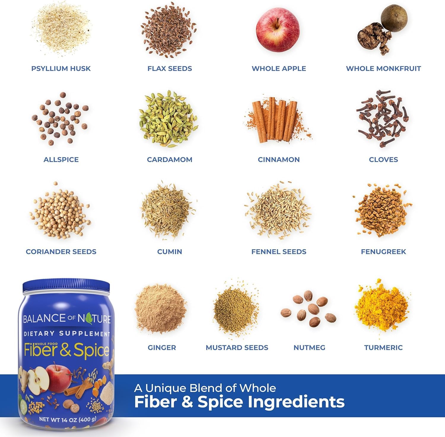 Balance of Nature Fiber & Spice - Psyllium Husk, Flax Seed, Turmeric & Apple - 30 Servings