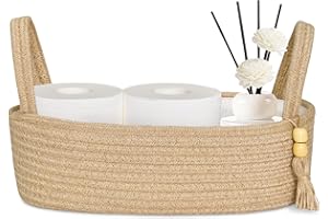 ABenkle Small Storage Basket for Toilet Tank Top - Jute Rope Woven Organizer with Handle, Boho Countertop Bathroom Decor, Toilet Paper Holder, 13x6x4 Inch