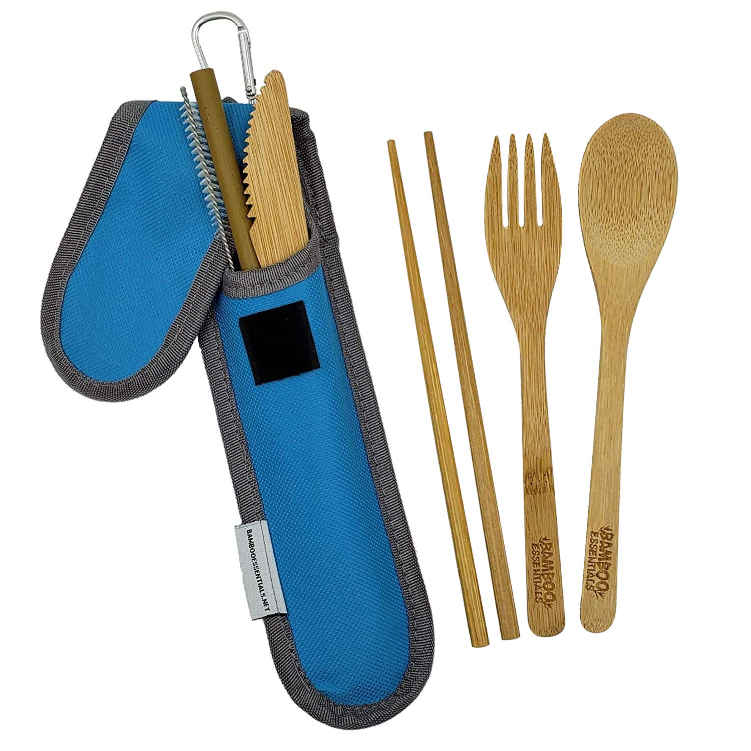 Travel Utensils with Case Set Fork, Knife, Spoon, Chopsticks, Straw, Straw-cleaning brush, Travel Pouch and Carabiner, Excellent For Everyday Use! ((1Set) Sky Blue)