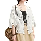 FindThy Women’s Lace Embroidery Cardigan Boho Cropped Batwing Sleeve Open Front Oversized Bolero Shrugs