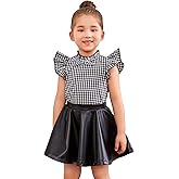 WDIRARA Toddler Girl's 2 Piece Outfits Plaid Mock Neck Cap Sleeve Top and PU Leather Skirt Set