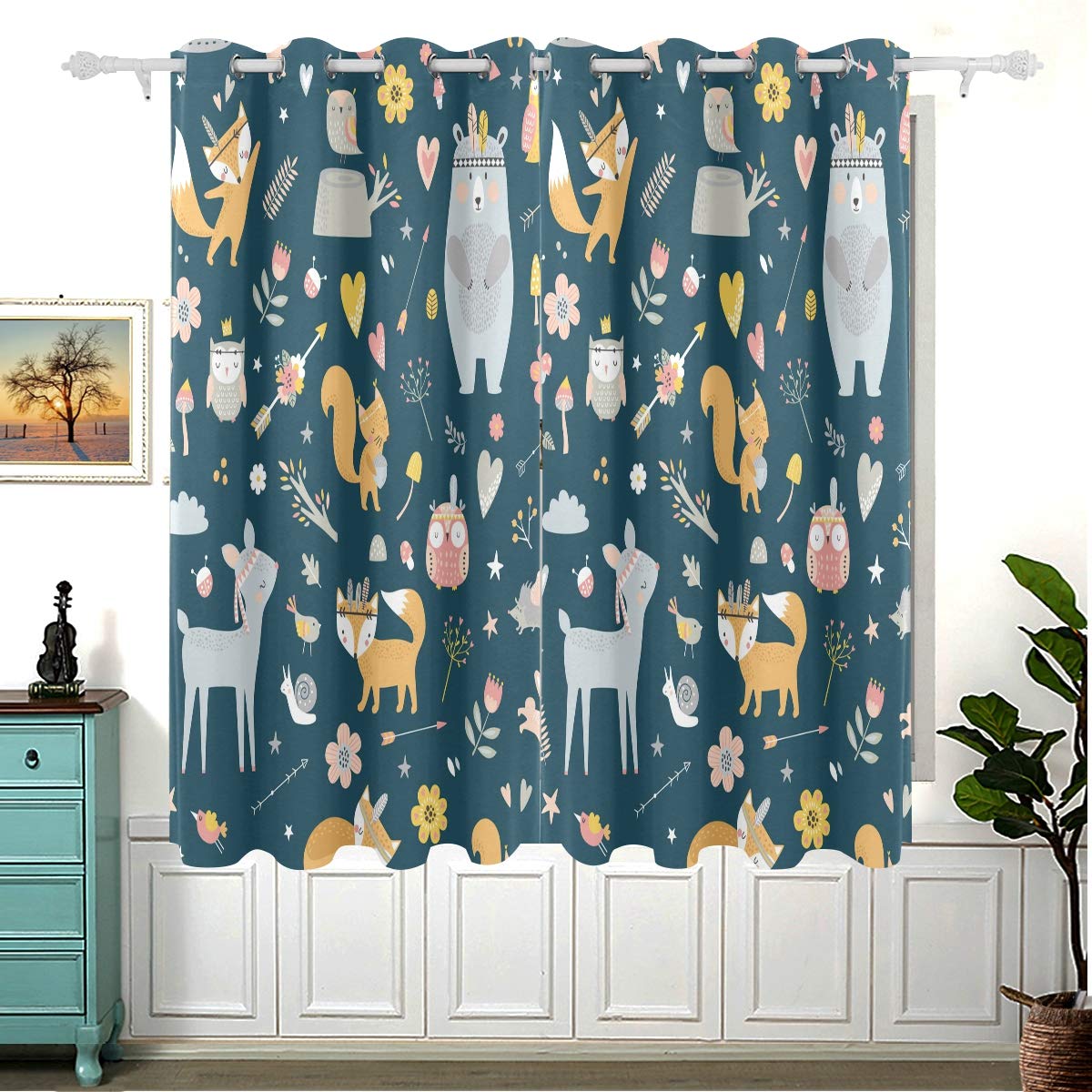 Cute Forest Animals Squirrel Bear Deer Fox Owl Curtains for Children Bedroom,Eyelet Blackout Curtains for Nursery Short Window for Home Decor,54 x 55 Inches,2 Panels