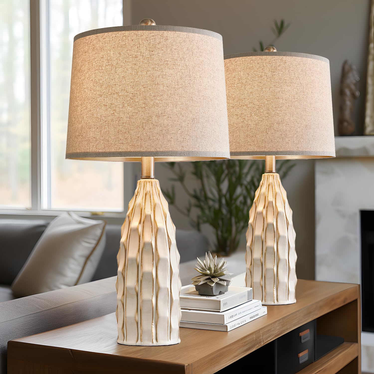 View 1 of (MISSING LAMP SHADES) USumkky Ceramic Table Lamps Set of 2, 23.75" Modern Farmhouse Bedside Lamp - Cream Nightstand Lamps for Bedroom, Boho Living Room End Tables, Small Office Desk Lamp Decor