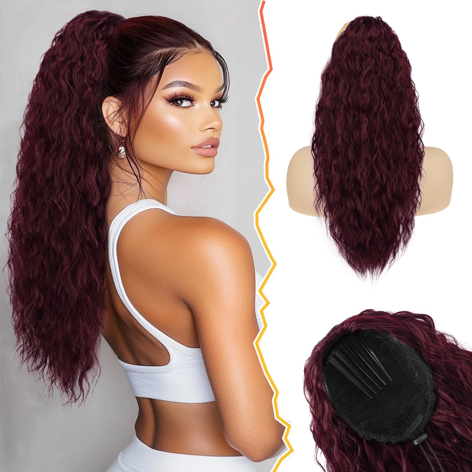 BARSDAR Drawstring Ponytail Extension, 22 Inch Curly Red Ponytail Hair Extensions for Women Long Wavy Synthetic Comb Clip in Ponytails Hairpieces - Dark Burgundy — image 1