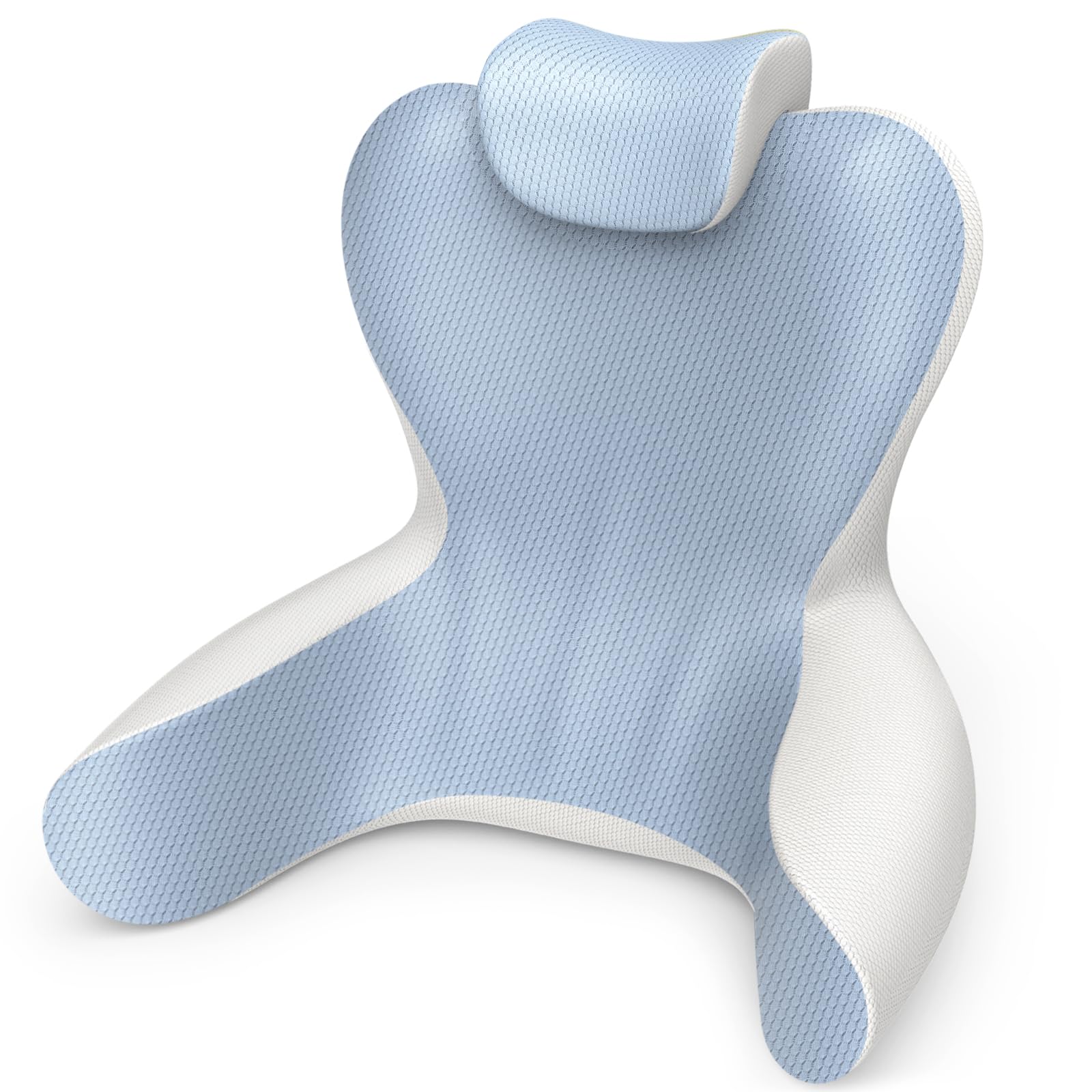 Reading Pillow for Sitting in Bed,22”H Back Support Pillow for Sitting up, Back Rest & Lumbar Support Pillows with Arms,Neck Support Memory Foam Pillows (White&Blue)