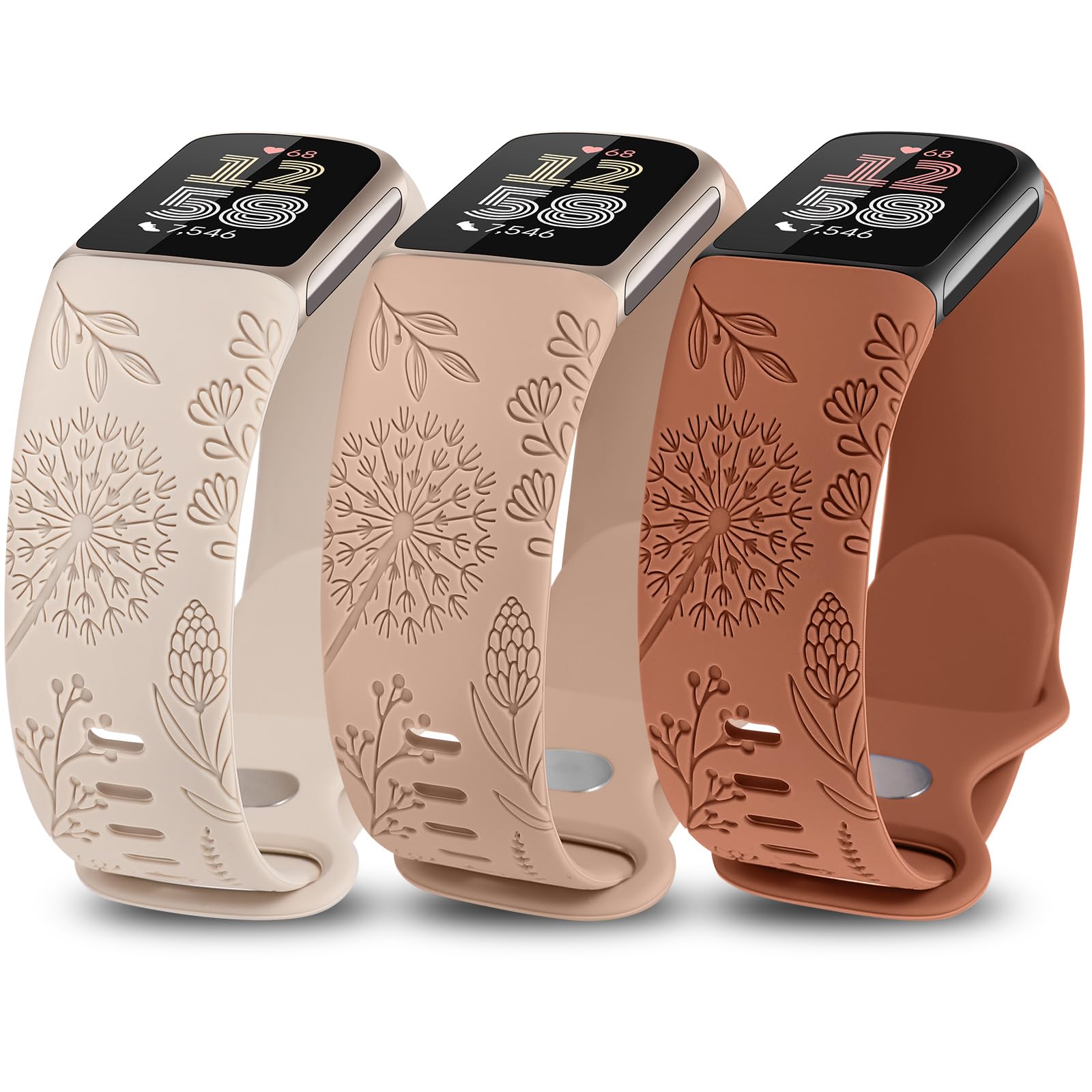 TOYOUTHS 3 Packs Floral Engraved Compatible with Fitbit Charge 5/Charge 6 Strap for Women, Soft Waterproof Silicone Sport Band with Cute Dandelion Flower Pattern, Starlight/Milk Tea/Brown