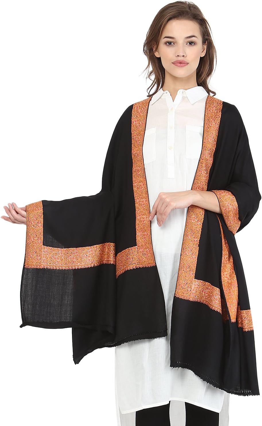 Womens Kashmiri Hand Embroidery Shawl, Border Design With Fine Needlework, Pure Wool Shawls