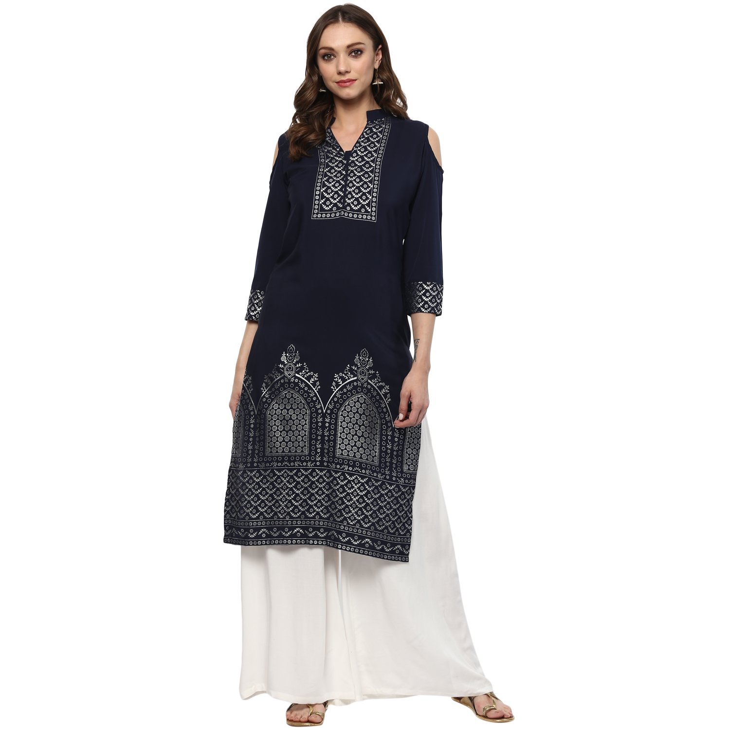 ziyaa women's blue colour straight crepe silver foil print kurta & palazzo set