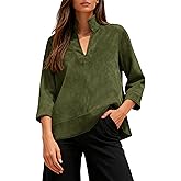 Yidarer Women's Faux Suede Tunic Tops V-Neck 3/4 Sleeve Stand Collar Relaxed Fit Blouse 2026 Casual Daily Wear