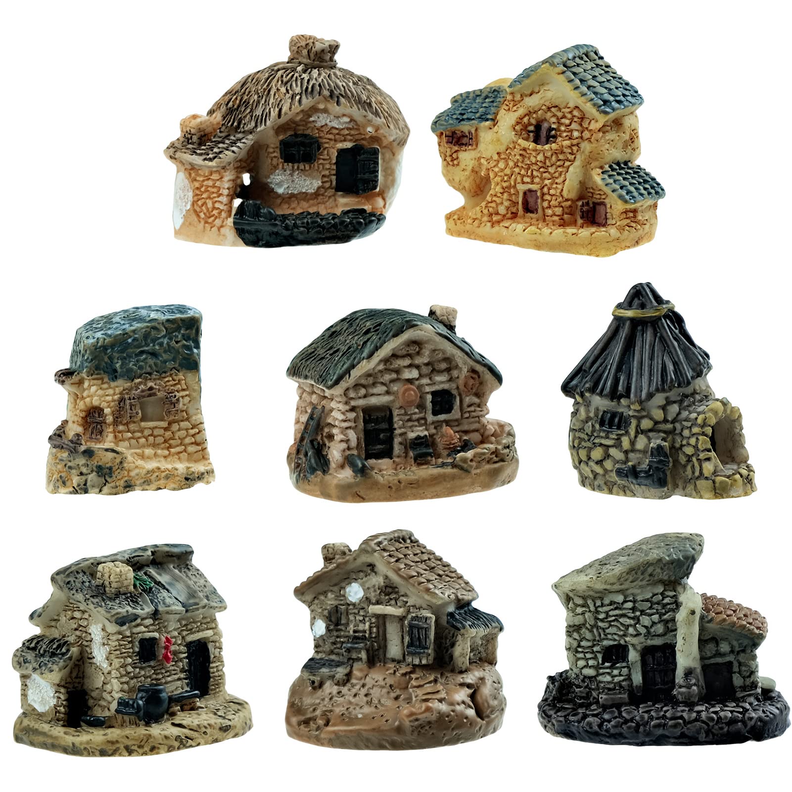 Cisolen Pack of 8 Miniature Fairy Garden Stone Houses Mini Cottage House Fairy DIY Dollhouse Decoration Flower Pot Ornaments Bonsai Craft Decor