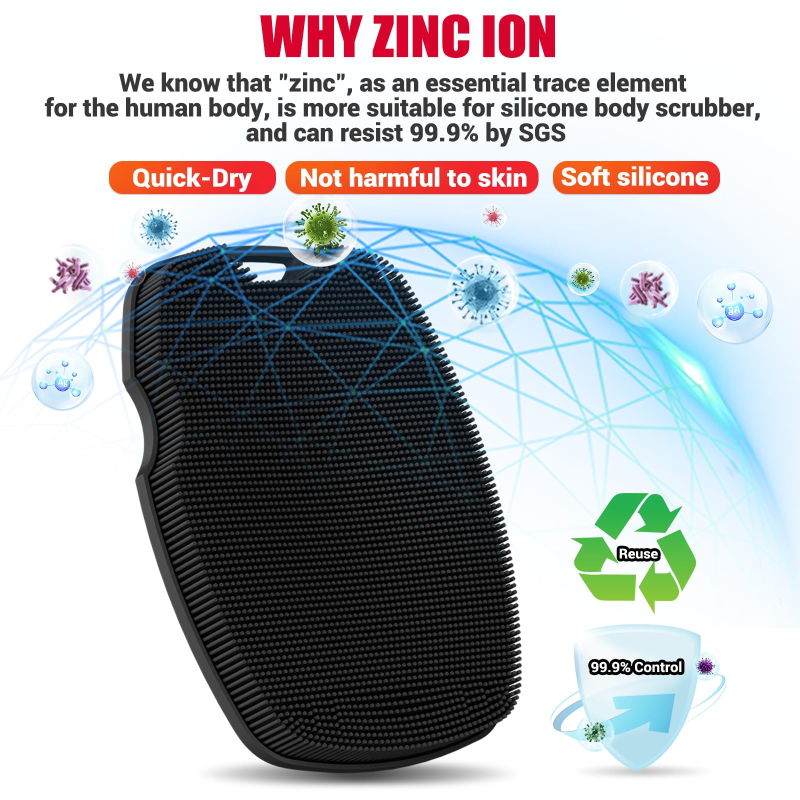 Silicone Body Scrubber - Anti Zinc Infused-Highly Elastic Bristles Exfoliating Body Scrubber for Shower Body,Cellulite Reduction,Blood Circulation- Black