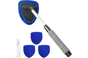 HABNVUON Windshield Cleaning Tool, Car Cleaning Kit, Car Window Cleaner with Extendable Long Handle and 4 Washable Reusable Microfiber Pads, Auto Interior Exterior Glass Wiper Kit for Vehicles (Blue)