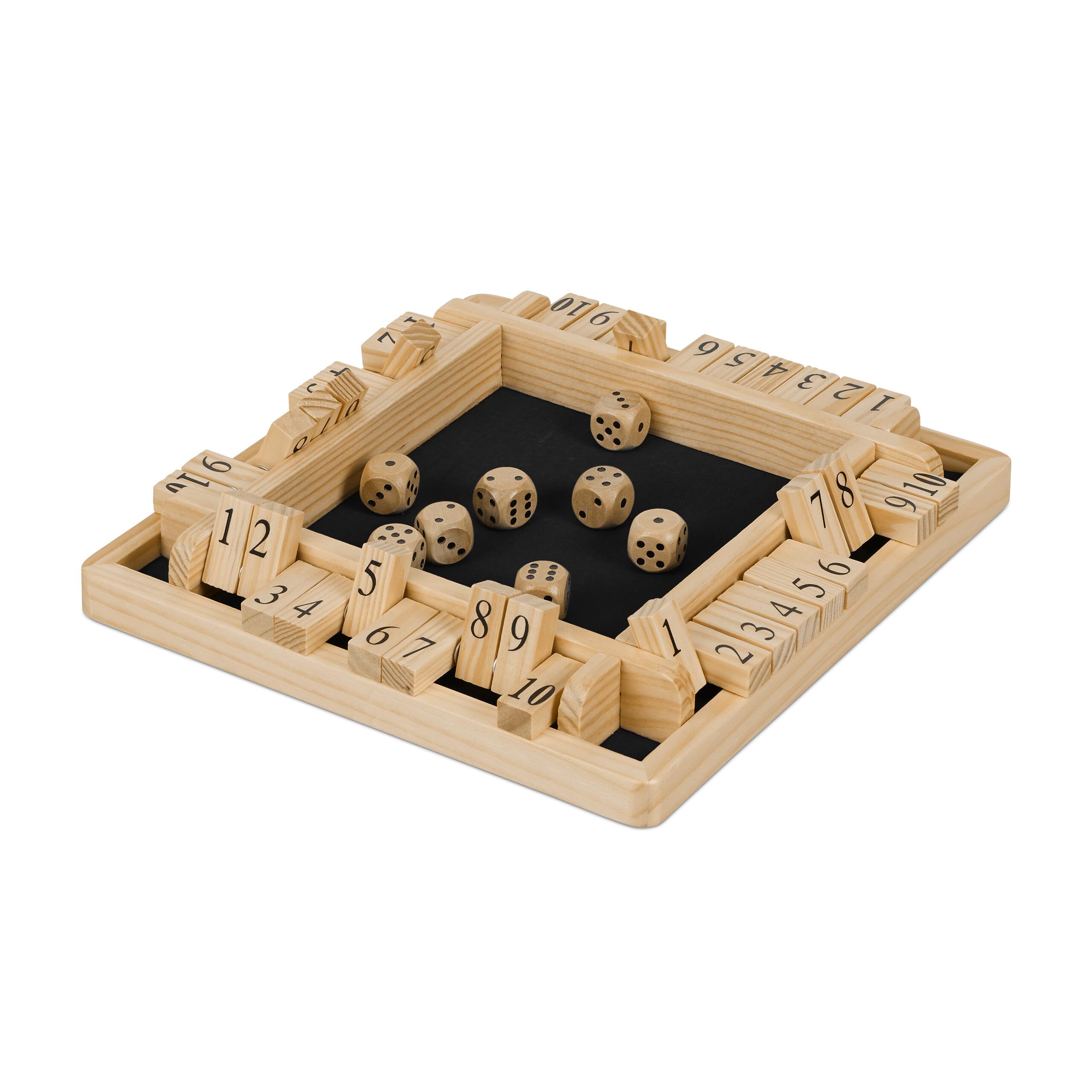 Relaxdays Shut The Box Game, 2-4 Players, Wood, 8 Dice and 10 Flaps, Children & Adults, 3 x 22 x 22 cm, Natural/Black