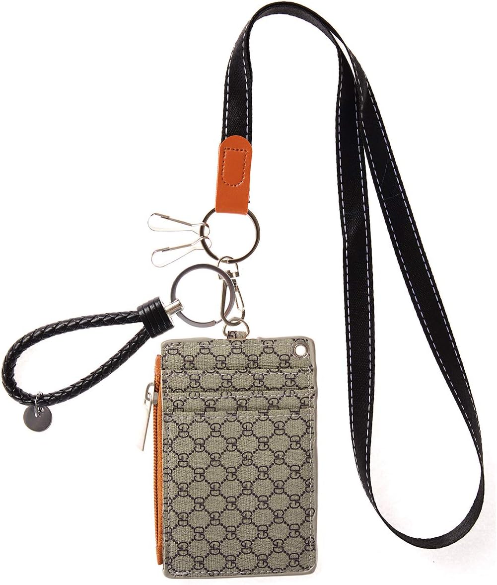 Badge Holder with Zipper, Leather ID Badge Holder Wallet with Lanyard, 2-Sided 5 Card Slots with a Zipper Pocket for Offices ID, School ID, Driver Licence ect (Gray)