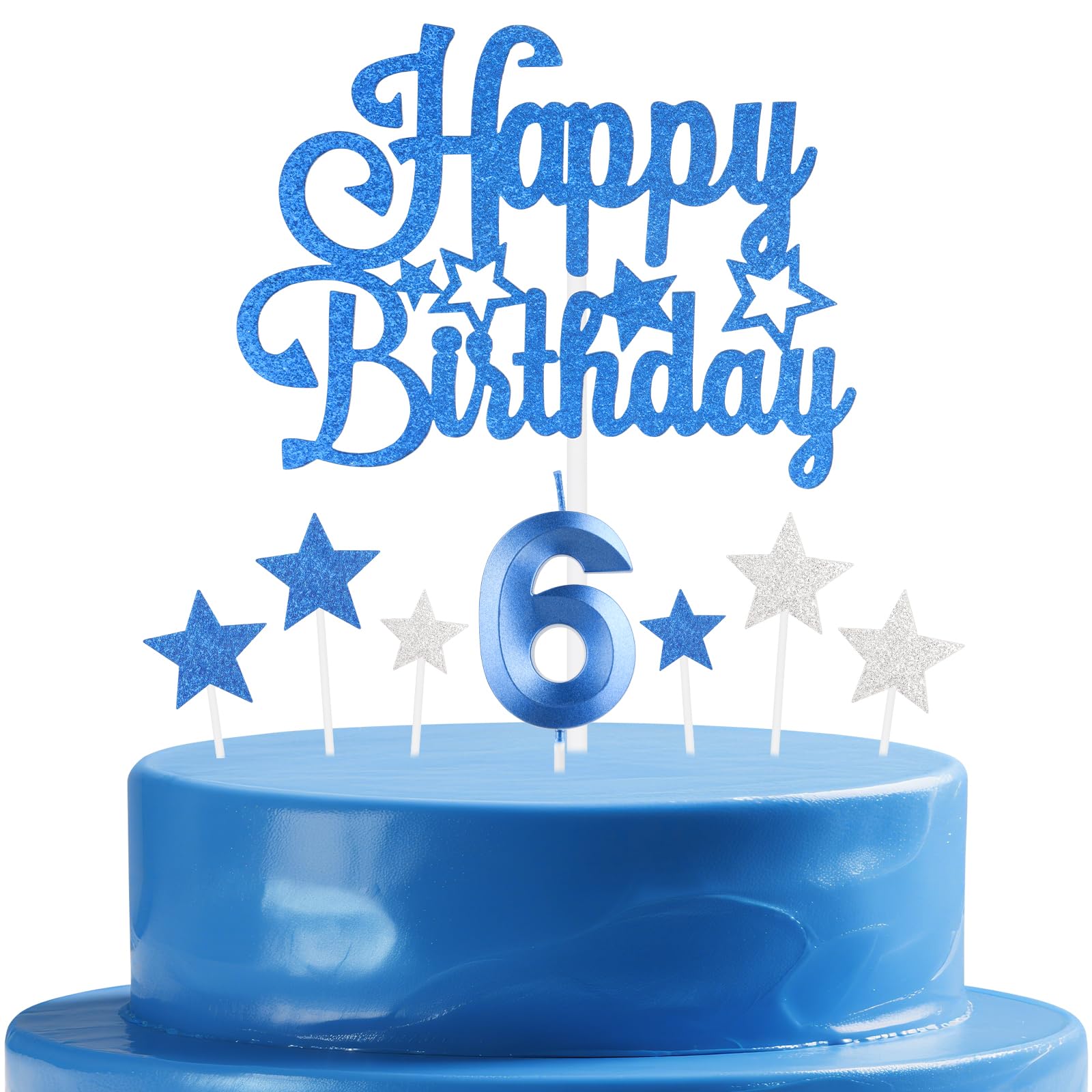 mciskin Royal Blue Birthday Candles Set,Girl Boy 6th Birthday Decorations,Number 6 Candle for Cake,Royal Blue Candles Cake Toppers with Star for Girls Boys Birthday Party Anniversary Decorations