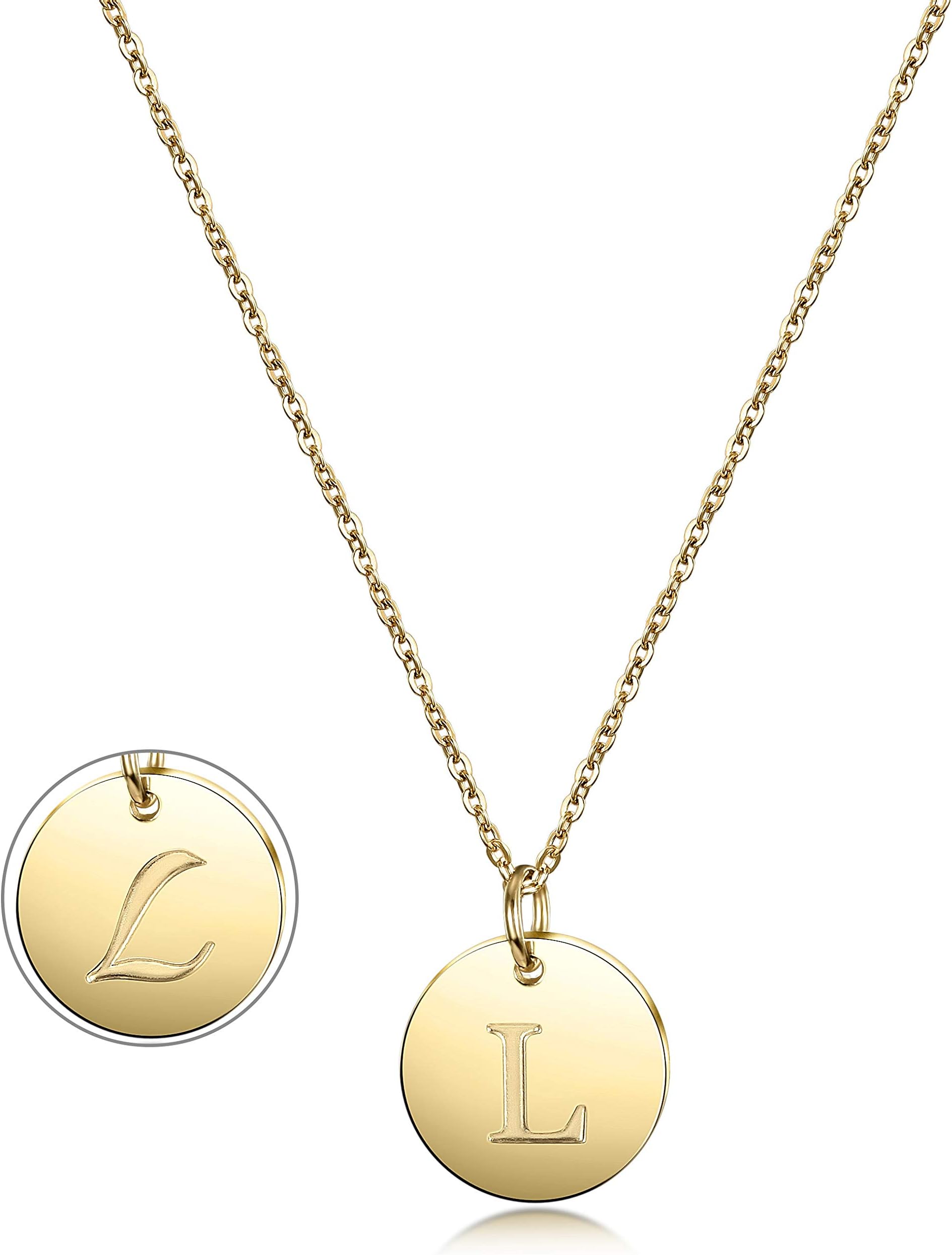 Initial Necklace, 14K Gold Plated Letter Necklace Round Disc Double Side Engraved Hammered Name Pendant Necklace with Adjustable Chain Pendant Enhancers