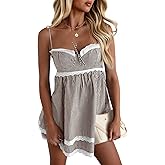 Wenrine Womens Summer Mini Dress Spaghetti Strap Sweetheart Y2K Plaid Lace Trim Tiered Beach Sundress Dresses
