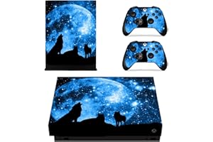 ZOOMHITSKINS Compatible for Xbox One X Skin, Xbox One X Controller Skin and Console Skin, Blue Sky Moon Lone Wolf Pack Black Animals Night, Durable & Fit, 3M Vinyl, Easy to Install, Precise Cut-Outs