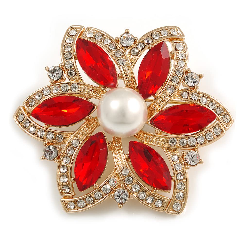 Red/Clear Glass Crystal Flower Brooch In Gold Tone - 55mm Across