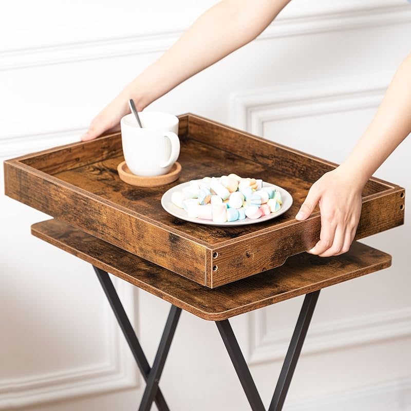 Mesa lateral com bandeja, sofá dobrável com bandeja de madeira removível, mesa de centro de estilo vintage com estrutura metálica, estilo industrial contemporâneo, castanho rústico EBF29BZ01