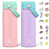 GoKEDA 18oz Kids Water Bottle, 2 Pack Insulated Bottles with Stickers, 18/8 Stainless Steel Vacuum Leak Proof Straw Cup for School, Gifts for Girls(Pink, Purple)