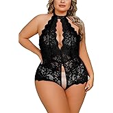 Plus Size Lingerie for Curvy Women Sexy One Piece Lace Bodysuit Deep V Neck Halter Teddy Sleepwear